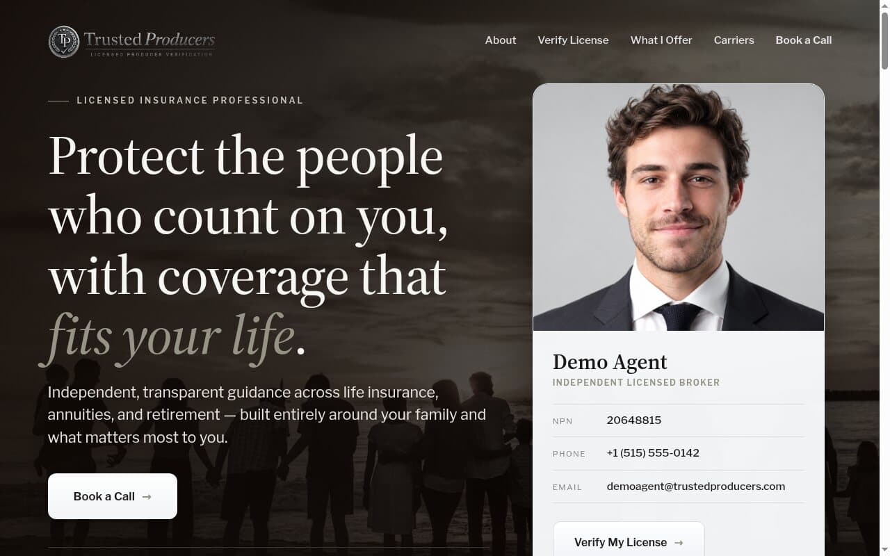 The Trusted Producers demo page, showing a producer's photo, license number and verification link.